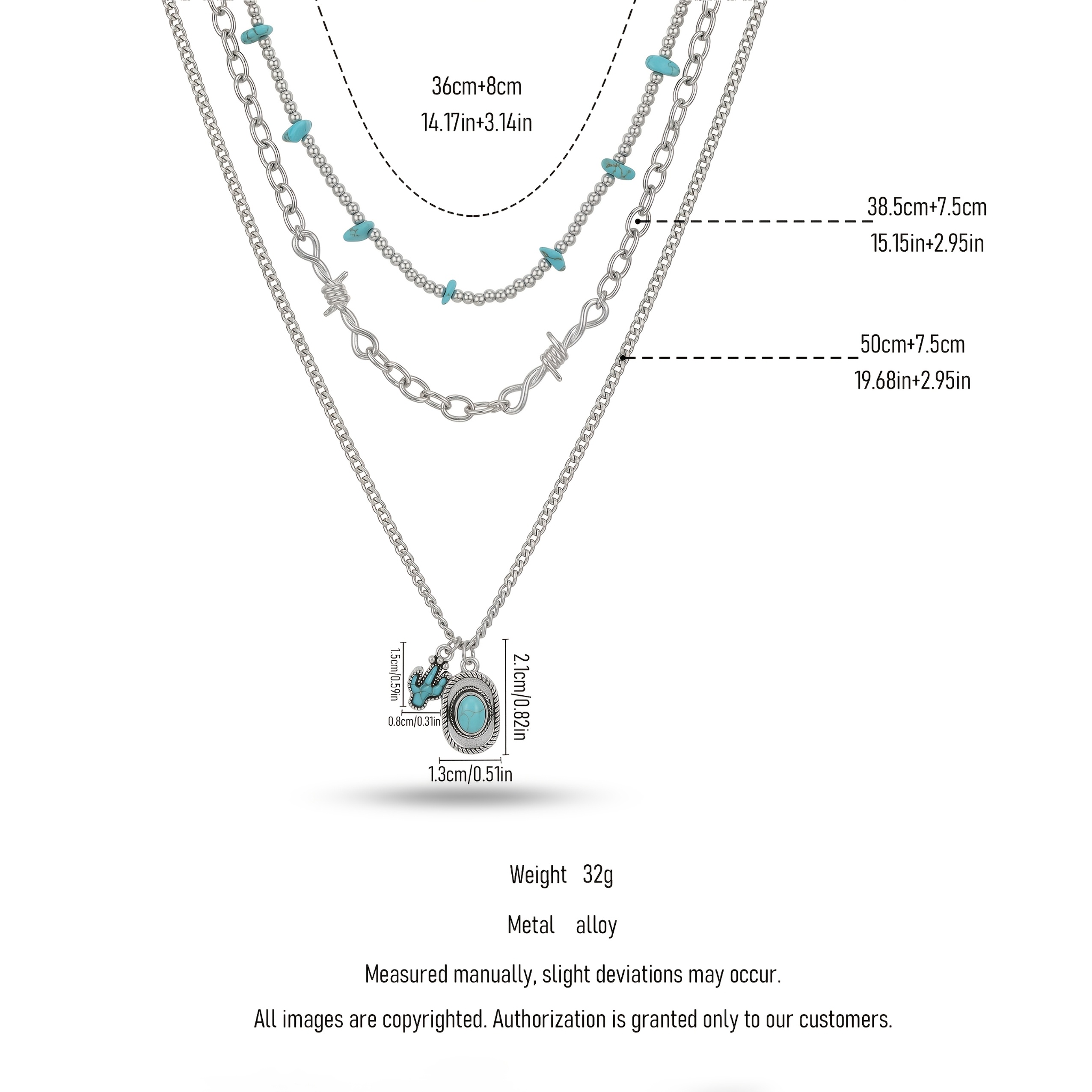 Western Cowboy Style Triple-Layer Turquoise Necklace for Women